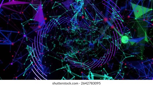 Swirling network vortex unfolding in dark void, with glowing nodes, lines, triangles, arcs, dots. Abstract, digital art, futuristic, geometric, cyberpunk, visualization, technology
