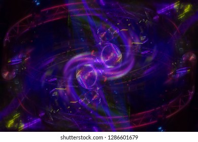 Swirling patterns of laser light and electrical energy in an abstract disco background