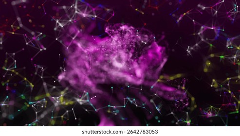 Swirling purple particle cloud drifting in dark space, with glowing nodes and thin connecting lines. Abstract, technology, futuristic, connectivity, digital, innovation, network