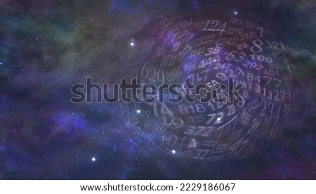 Swirling Random Cosmic Numbers  Numerology Theme Template - dark blue night sky background with a large circle of flowing numbers and  copy space on left side for message
