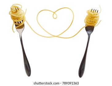 Swirls of cooked spaghetti with fork. Spaghetti heart shape. 