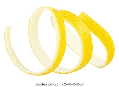 Swirly lemon peel curl isolated on a white background. Fresh citrus zest.