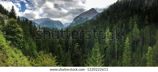 Swiss Alps.\
Mountains, forest, green forest, spring in the Swiss mountains.\
Travel by car in Switzerland in September 2018. The beauty of the\
Forest of Mountains and\
Sky
