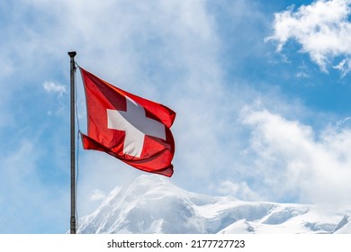 Swiss Flag On Montain Top Near Jungfraujoch (the Top Of Europe)