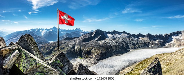 Swiss flag over the Rhone glacier
