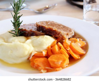 Swiss Food - Minced Meat Steak With Potato Puree And Carrots