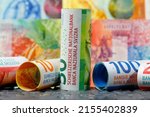 Swiss franc banknotes of various denominations, placed next to each other. CHF paper money, edition of Swiss banknotes, issued from April 2016 to 2019.