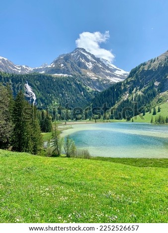 Swiss mountain lake in summer surrounded by lush green meadows and alpine peaks.