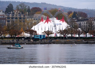 Swiss National Circus names Knie at City of Zürich on a cloudy autumn day. Photo taken October 30th, 2021, Zurich, Switzerland.
