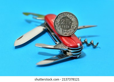 Swiss Pocket Knife With Swiss Money Coins