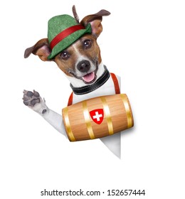 Swiss Rescue Dog With A Barrel And Paws Up Behind Banner