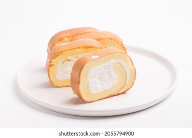 Swiss Roll Cake In White Background.