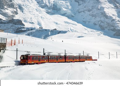 Swiss Train At Kleine Scheidegg Station In Jungfrau Area.