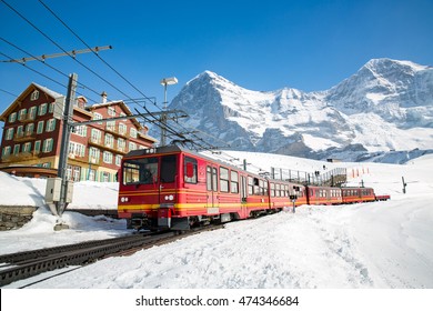 Swiss Train At Kleine Scheidegg Station In Jungfrau Area.