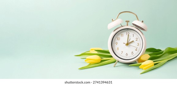 Switch to daylight saving time in spring, summer time changeover, alarm clock with yellow tulip flowers