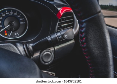 Switch Off Lights In A Car. Close-up Car Integrated Turning Indicator With Headlight Switch Toggle.