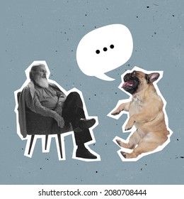 Switch roles. Old man listening to little dog, pet isolated on gray vintage background. Modern design. Contemporary art collage. Surrealism, minimalism. Interaction between humans and animals - Shutterstock ID 2080708444