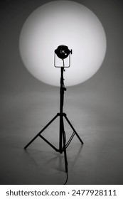 Switched-on source of constant light shines on white cyclorama. Tripod, light diffuser and other equipment for photostudio. A professional pulsed light source. Organization of photoshoots for brands