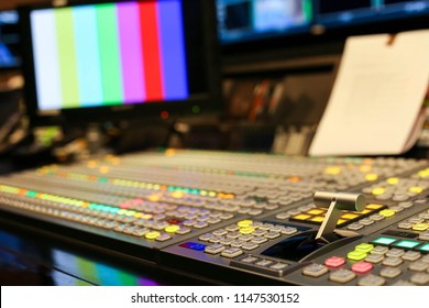 Switcher Buttons In Studio TV Station, Audio And Video Production Switcher Of Television Broadcast.