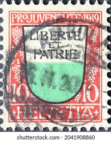 Switzerland - Circa 1919: A Postage Stamp Printed In The Switzerland Showing The Coat Of Arms Of The Swiss Canton Of Vaud With The Text Liberty And Fatherland On A Charity Postal Stamp 