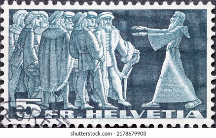 Switzerland - CIRCA 1942: A Postage Stamp From Switzerland, Showing A Group Of Men During The End Of Civil War Called: Diet Of Stans . Circa 1942