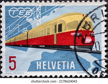 Switzerland - CIRCA 1962: A Postage Stamp From Switzerland, Showing A Locomotive Entry Into Service Swiss Electric TEE Trains . Circa 1962
