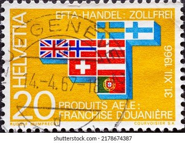 SWITZERLAND - CIRCA 1967: a postage stamp from Switzerland, showing Flags of the Participating Countries of the European Free Trade Association, EFTA. Circa 1967