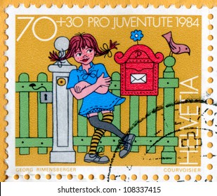 SWITZERLAND - CIRCA 1984: stamp printed by Switzerland, shows Pippi Longstocking, circa 1984