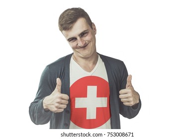 Switzerland flag on shirt of the funny man showing gesture like a hand on an isolated background.