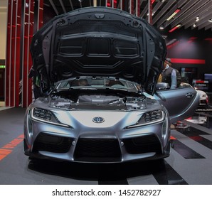 Switzerland; Geneva; March 11, 2019; Toyota Supra front opened hood; The 89th International Motor Show in Geneva from 7th to 17th of March, 2019.