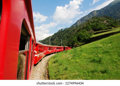 Switzerland, July 2012: Swiss mountain Train Bernina Express from Tirano to St. Moritz