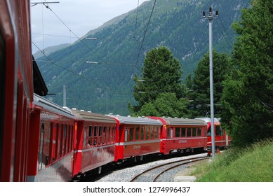 Switzerland, July 2012: Swiss mountain Train Bernina Express from Tirano to St. Moritz
