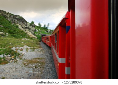 Switzerland - July 2012: Swiss Mountain Train Bernina Express from Tirano to St. Moritz