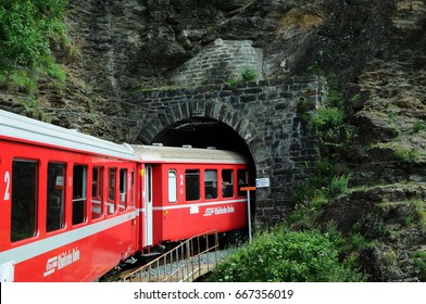 Switzerland: July 2012, Swiss mountain Train Bernina Express from Tirano to St. Moritz