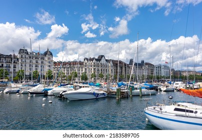 Switzerland, June 2022: Boats and yachts at the harbor of Geneva, lake Léman, Switzerland