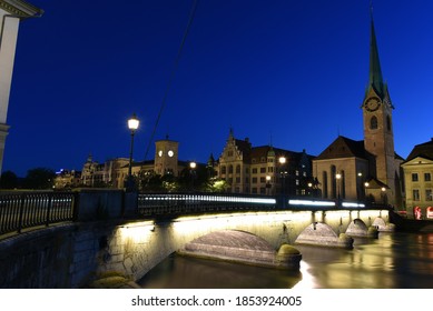 Zürich, Switzerland - June 28, 2019: Night Beautiful View Of Fraumünster Church And St. Peter And River Limmat At Lake Zurich