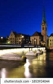 Zürich, Switzerland - June 28, 2019: Night Beautiful View Of Fraumünster Church And St. Peter And River Limmat At Lake Zurich