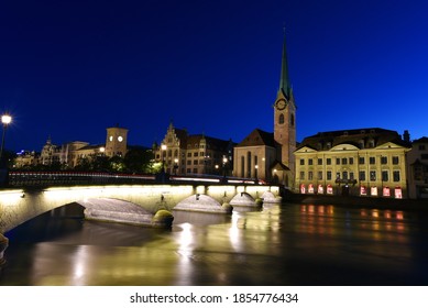 Zürich, Switzerland - June 28, 2019: Night Beautiful View Of Fraumünster Church And St. Peter And River Limmat At Lake Zurich