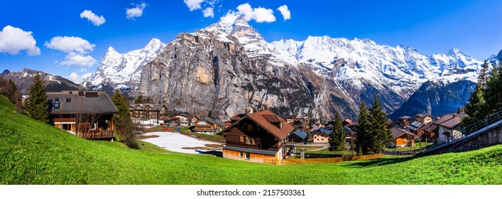 Switzerland Nature And Travel. Scenic Traditional Village Murren Surrounded By Snow Peaks Of Alps Mountains. Popular Tourist Destination And Ski Resort