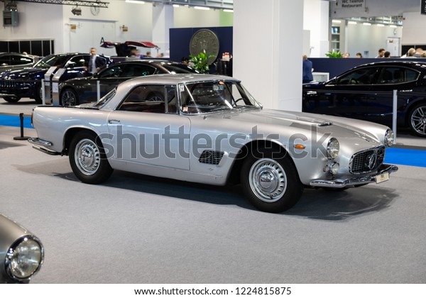 Zürich,\
Switzerland November 8th 2018\
Front side view of a silver 1961\
Alfa Romeo 3500GT at AutoZürich car\
show.