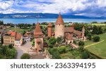 Switzerland scenic places. Estavayer-le-lac - charming traditional village, lake Neuchatel. aerial drone video of medieval castle. Canton Fribourg
