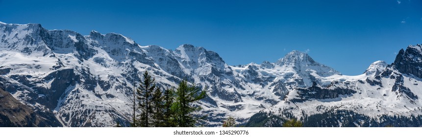 Switzerland, scenic view on Alps and peaks from Murren village