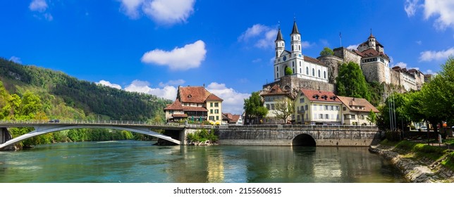 Switzerland Travel And Landmarks. Aarburg - Old Medieval Town With Impressive Castle And Cathedral Over Rock. Canton Aargau, Bern Province