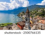  Switzerland travel and landmarks - colorful charming town Ascona, lake Lago Maggiore near Locarno , canton Ticino . aerial drone view of old town