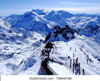 Switzerland, Verbier. Ski Resort In Swiss Alps. Ski Slope. Skier.