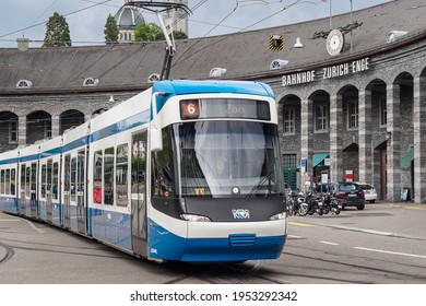 Switzerland, Zurich - November, 2020 - Tram at the Zurich Enge station