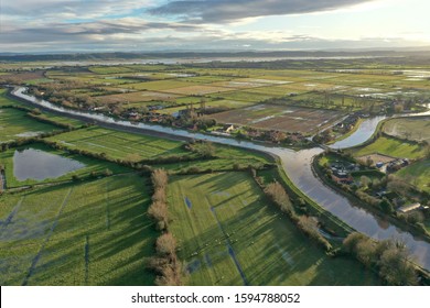 Swollen confluence River Parrett and River Tone in Somerset, on the Levels
