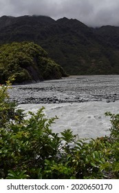 Swollen Waiho River At The Glacial Valley Near Franz Josef Glacier In Summer Of 2015.