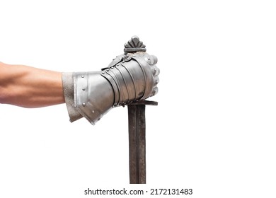 Sword In Knight Hand Isolated On The White Background Close Up.