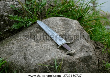A sword on a large stone in the fields.